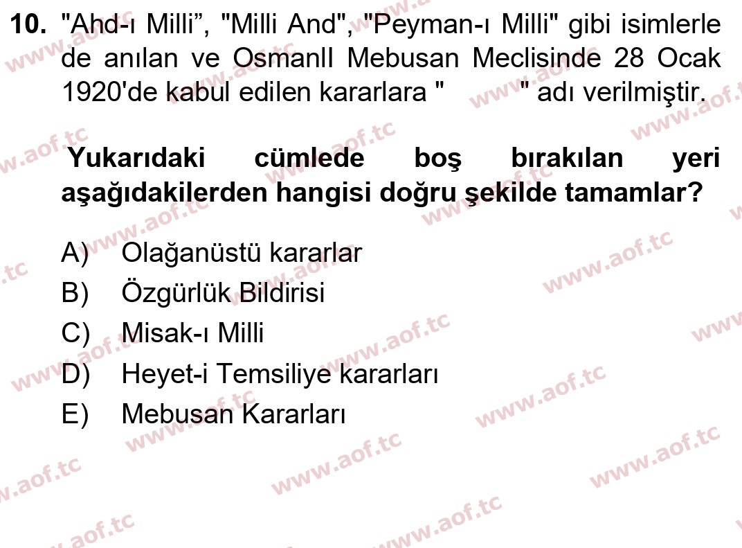  2023 Atatürk İlkeleri ve İnkılap Tarihi 1 Arasınav 10. Çıkmış Sınav Sorusu