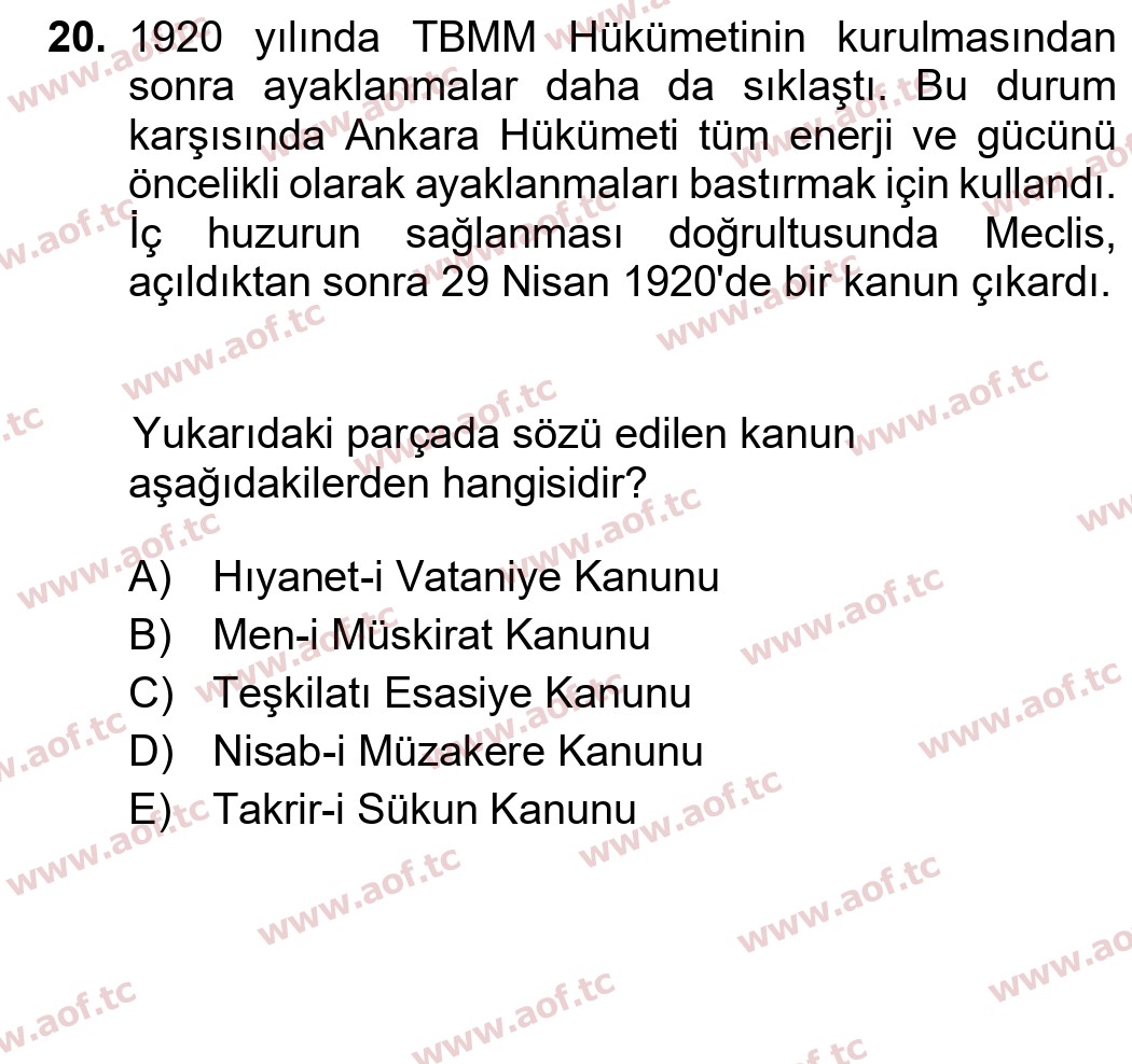  2023 Atatürk İlkeleri ve İnkılap Tarihi 1 Arasınav 20. Çıkmış Sınav Sorusu