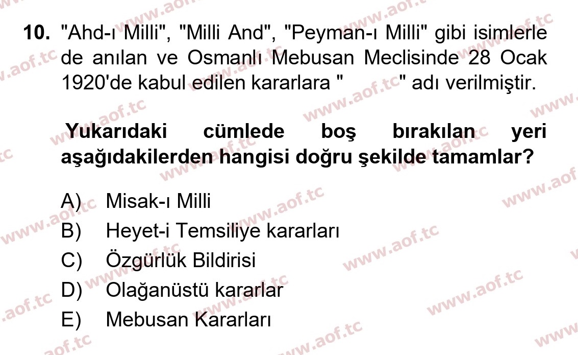 2024 Atatürk İlkeleri ve İnkılap Tarihi 1 Arasınav 10. Çıkmış Sınav Sorusu