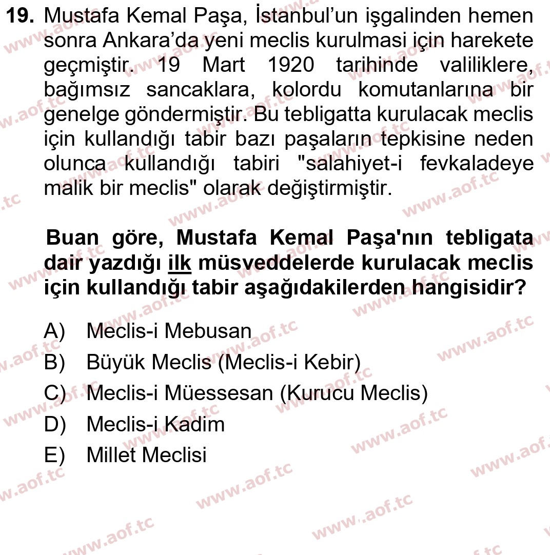 2025 Atatürk İlkeleri ve İnkılap Tarihi 1 Arasınav 19. Çıkmış Sınav Sorusu