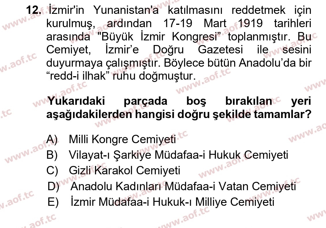  2026 Atatürk İlkeleri ve İnkılap Tarihi 1 Arasınav 12. Çıkmış Sınav Sorusu