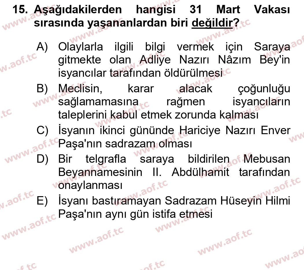  2026 Atatürk İlkeleri ve İnkılap Tarihi 1 Arasınav 15. Çıkmış Sınav Sorusu