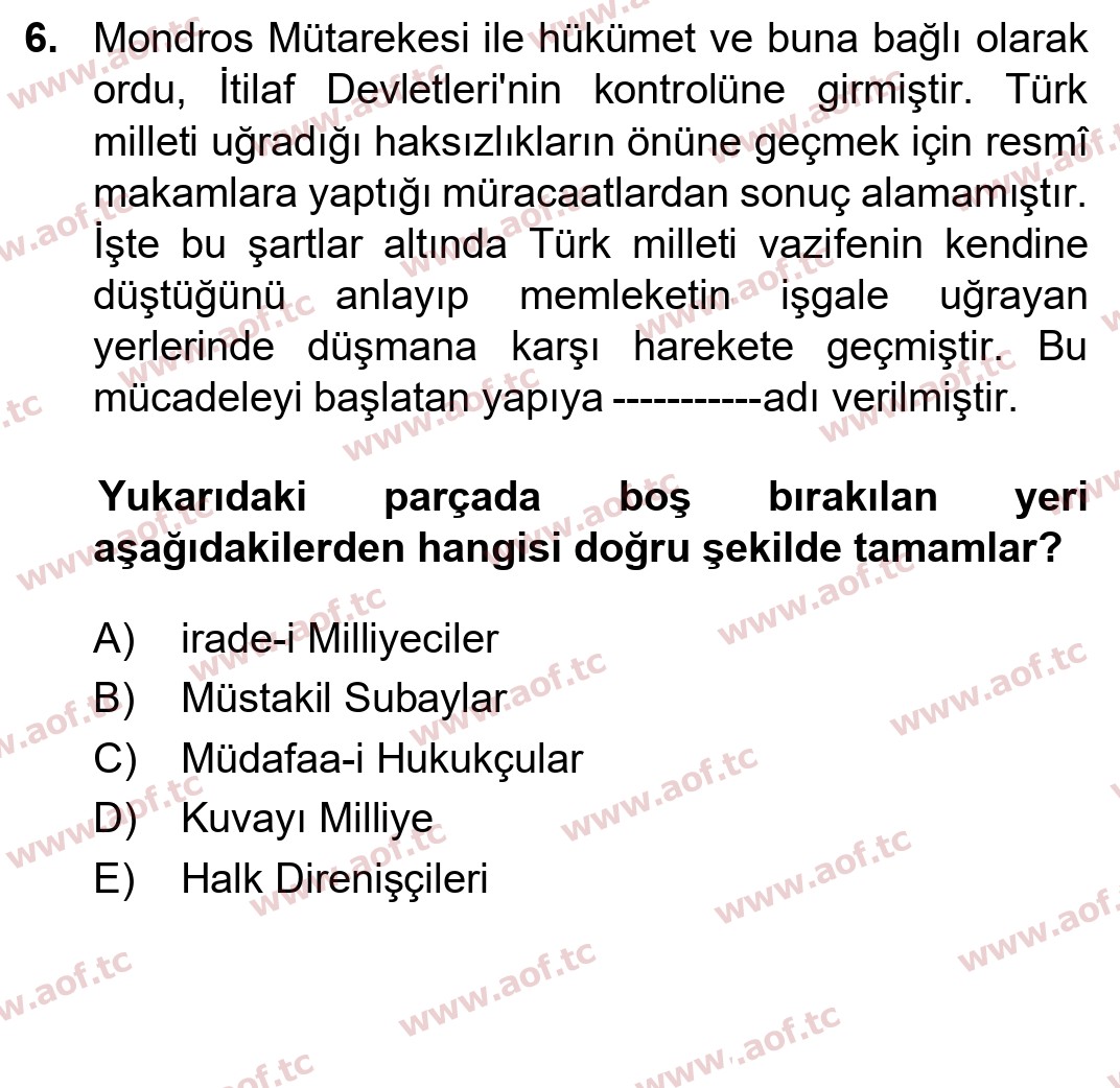  2026 Atatürk İlkeleri ve İnkılap Tarihi 1 Arasınav 6. Çıkmış Sınav Sorusu