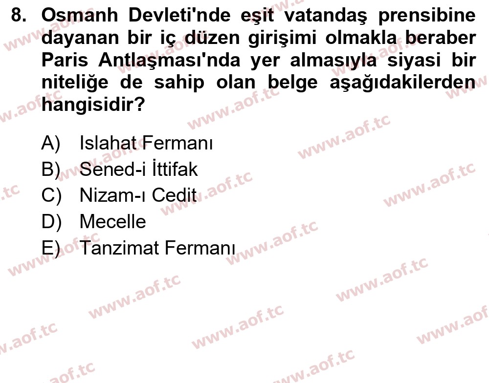  2026 Atatürk İlkeleri ve İnkılap Tarihi 1 Arasınav 8. Çıkmış Sınav Sorusu