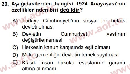 2018 Atatürk İlkeleri ve İnkılap Tarihi 2 Arasınav 20. Çıkmış Sınav Sorusu