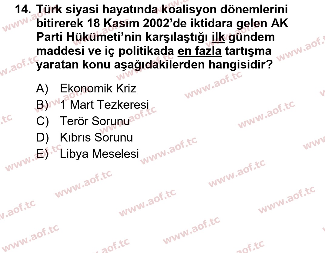 2023 Atatürk İlkeleri ve İnkılap Tarihi 2 Yaz Okulu 14. Çıkmış Sınav Sorusu