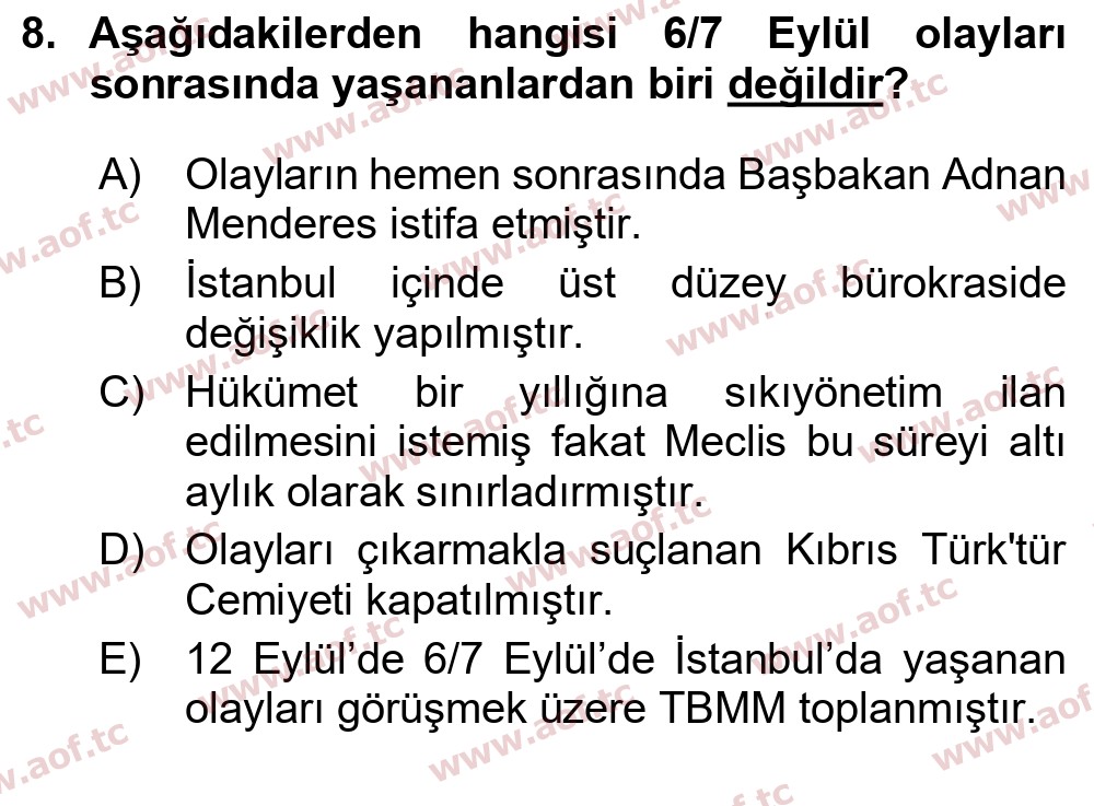 2023 Atatürk İlkeleri ve İnkılap Tarihi 2 Yaz Okulu 8. Çıkmış Sınav Sorusu