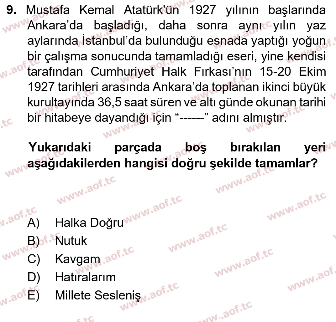 2023 Atatürk İlkeleri ve İnkılap Tarihi 2 Yaz Okulu 9. Çıkmış Sınav Sorusu