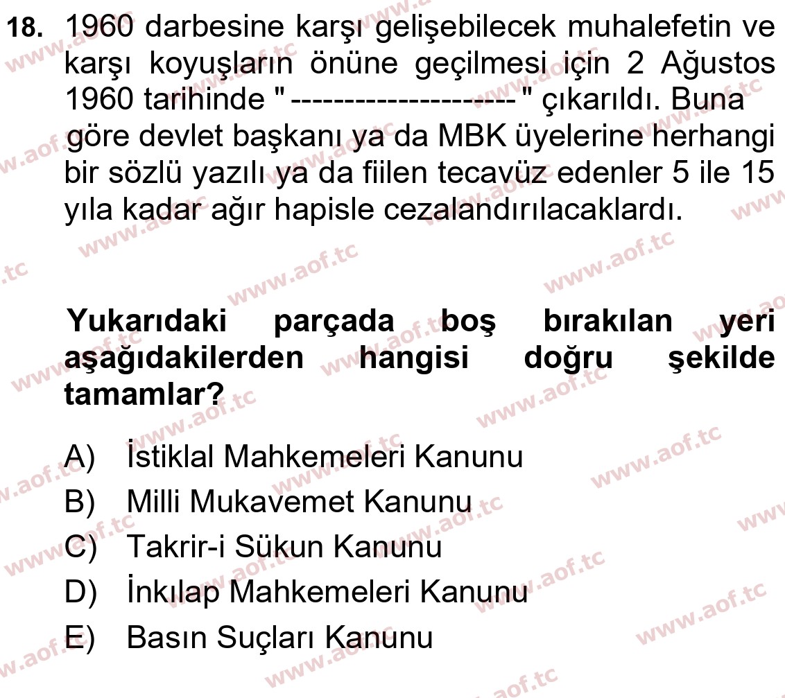 2024 Atatürk İlkeleri ve İnkılap Tarihi 2 Final 18. Çıkmış Sınav Sorusu