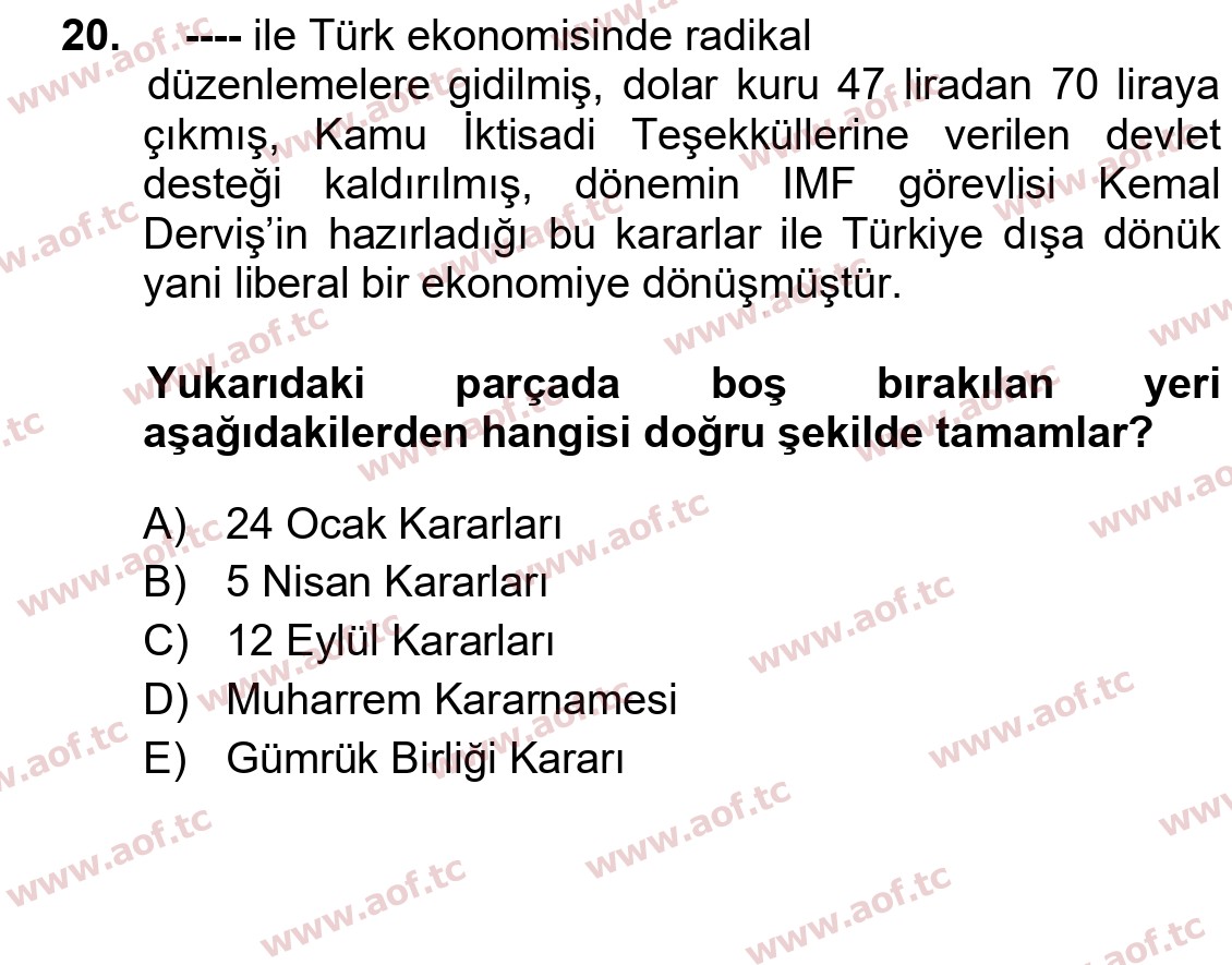 2024 Atatürk İlkeleri ve İnkılap Tarihi 2 Final 20. Çıkmış Sınav Sorusu