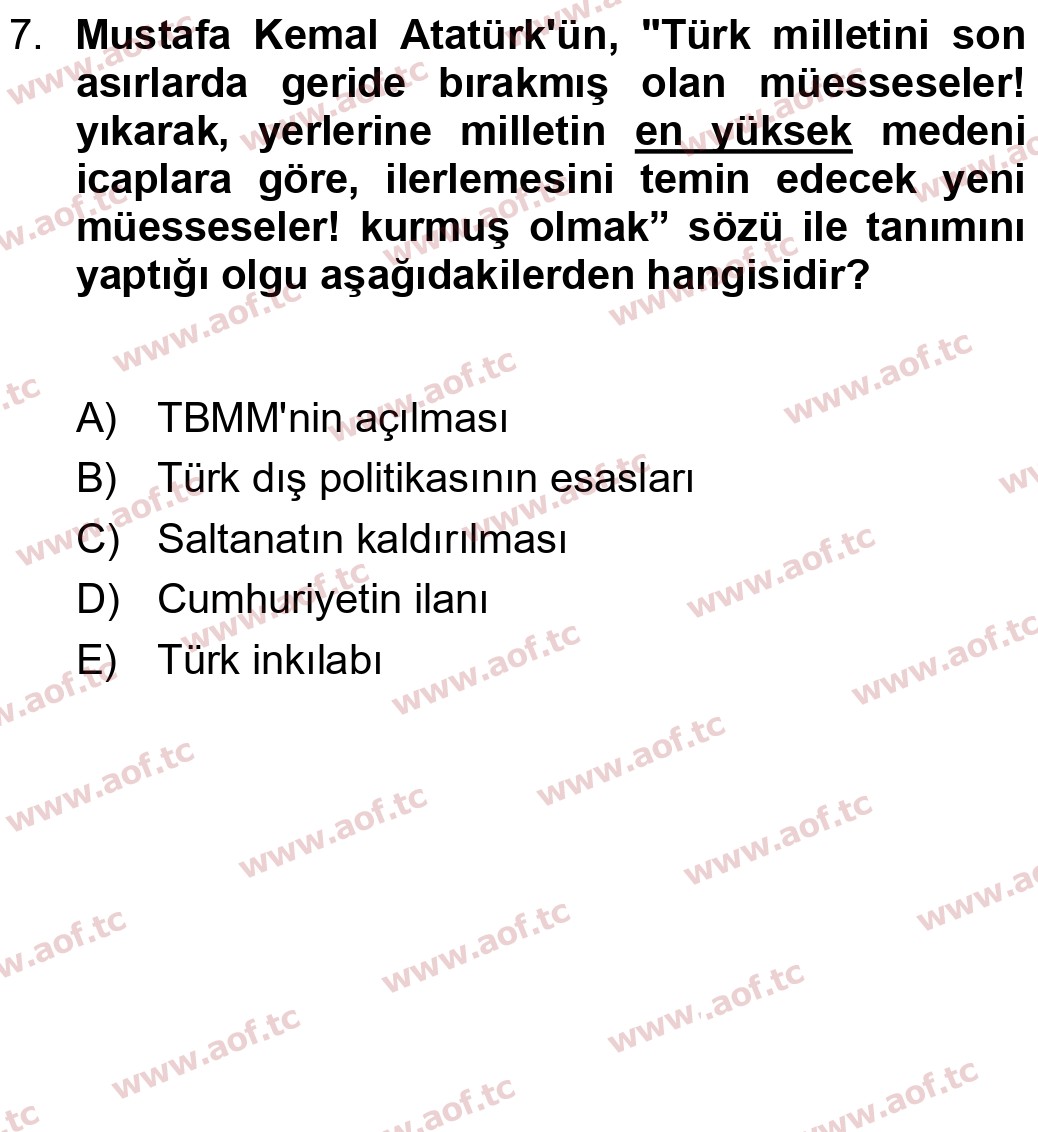 2024 Atatürk İlkeleri ve İnkılap Tarihi 2 Yaz Okulu 7. Çıkmış Sınav Sorusu