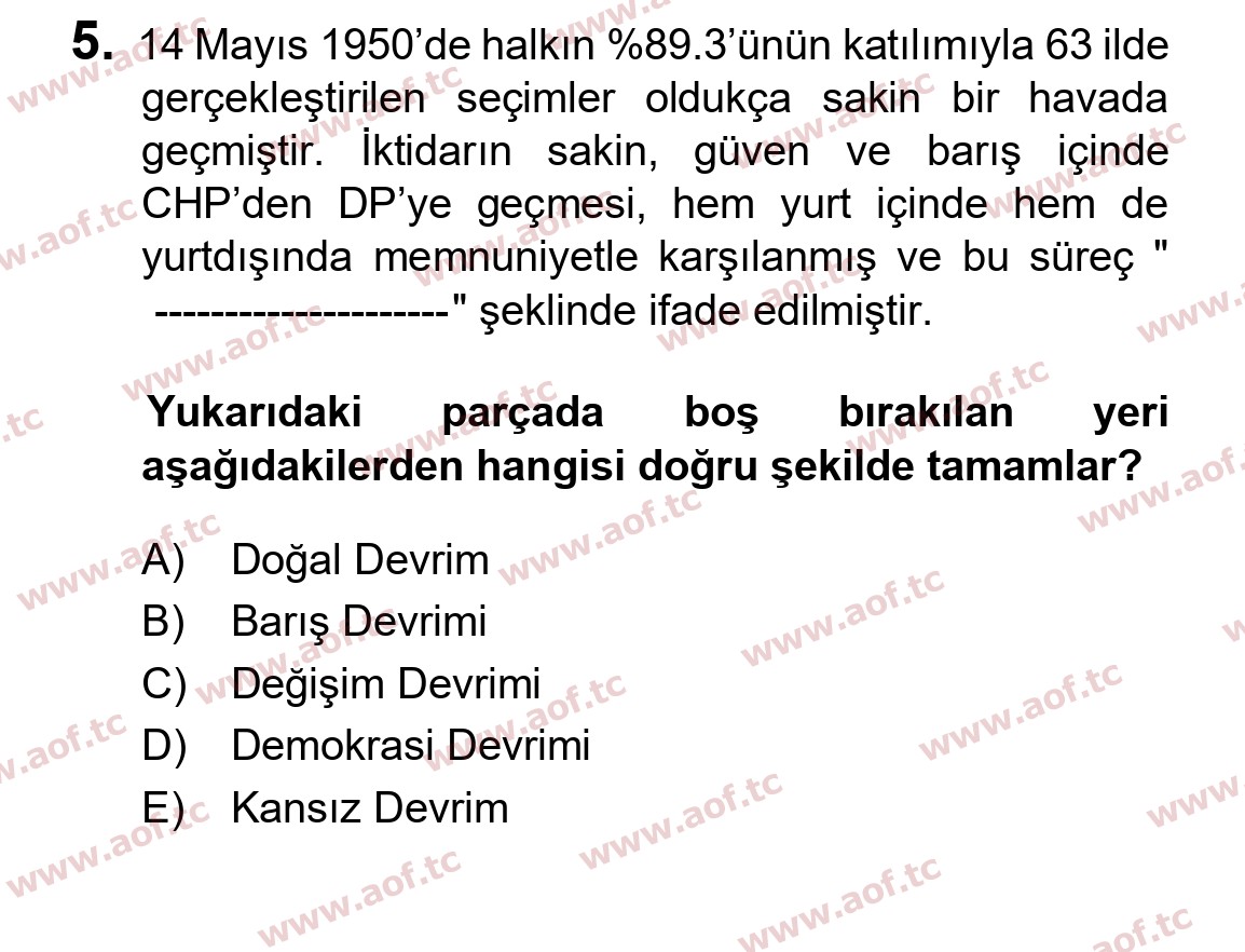 2025 Atatürk İlkeleri ve İnkılap Tarihi 2 Yaz Okulu 5. Çıkmış Sınav Sorusu
