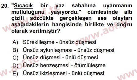 2018 Türk Dili 1 Arasınav 20. Çıkmış Sınav Sorusu