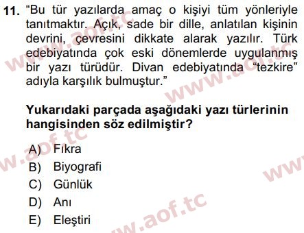2015 Türk Dili 2 Arasınav 11. Çıkmış Sınav Sorusu