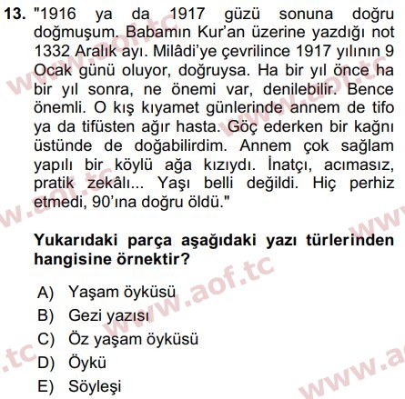 2018 Türk Dili 2 Arasınav 13. Çıkmış Sınav Sorusu
