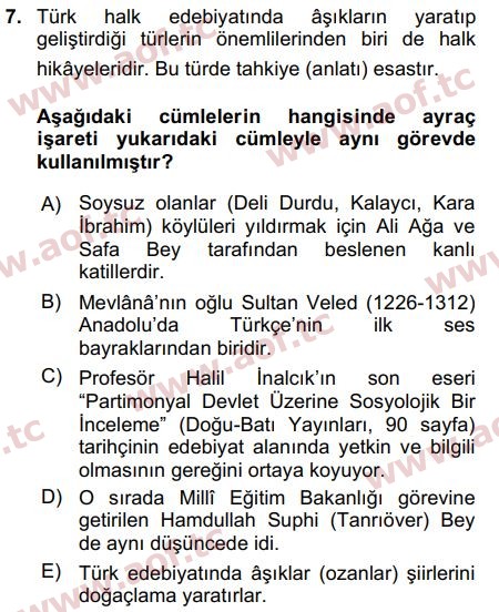 2018 Türk Dili 2 Arasınav 7. Çıkmış Sınav Sorusu
