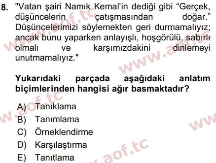 2018 Türk Dili 2 Arasınav 8. Çıkmış Sınav Sorusu