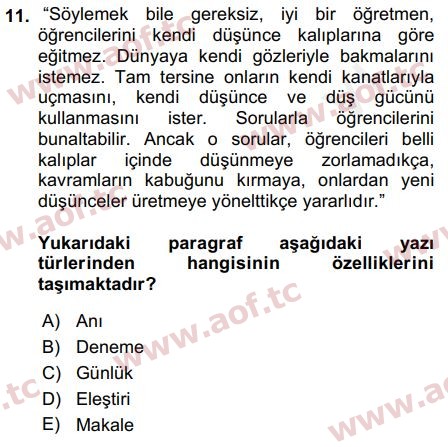 2019 Türk Dili 2 Arasınav 11. Çıkmış Sınav Sorusu