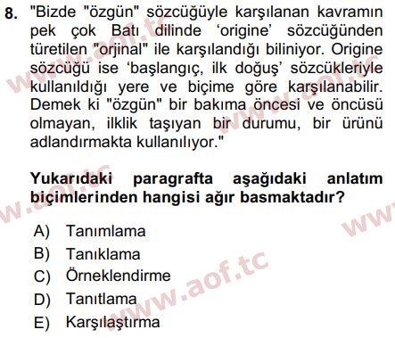 2019 Türk Dili 2 Arasınav 8. Çıkmış Sınav Sorusu