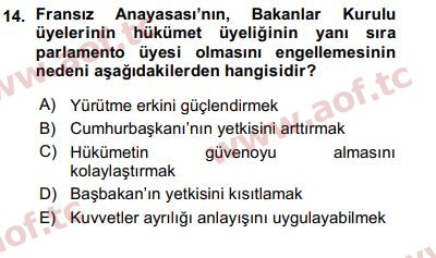 2016 Karşılaştırmalı Siyasal Sistemler Arasınav 14. Çıkmış Sınav Sorusu