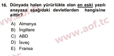 2016 Karşılaştırmalı Siyasal Sistemler Arasınav 16. Çıkmış Sınav Sorusu