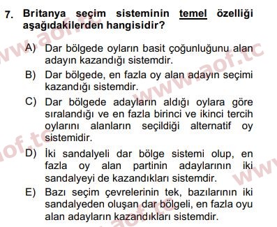 2016 Karşılaştırmalı Siyasal Sistemler Arasınav 7. Çıkmış Sınav Sorusu