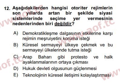 2017 Karşılaştırmalı Siyasal Sistemler Final 12. Çıkmış Sınav Sorusu