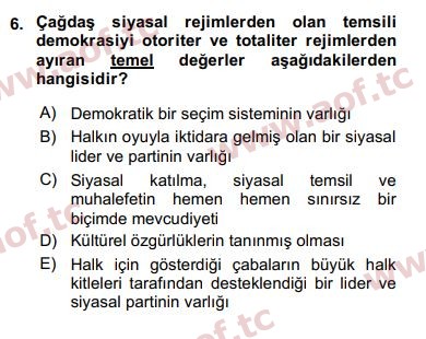 2018 Karşılaştırmalı Siyasal Sistemler Arasınav 6. Çıkmış Sınav Sorusu