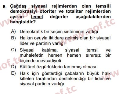 2018 Karşılaştırmalı Siyasal Sistemler Arasınav 6. Çıkmış Sınav Sorusu