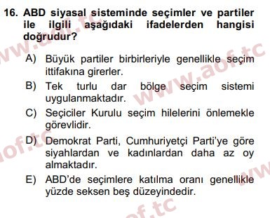 2019 Karşılaştırmalı Siyasal Sistemler Arasınav 16. Çıkmış Sınav Sorusu