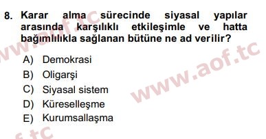 2019 Karşılaştırmalı Siyasal Sistemler Arasınav 8. Çıkmış Sınav Sorusu