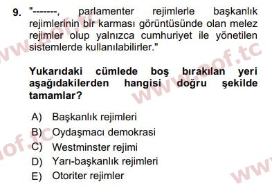 2019 Karşılaştırmalı Siyasal Sistemler Arasınav 9. Çıkmış Sınav Sorusu