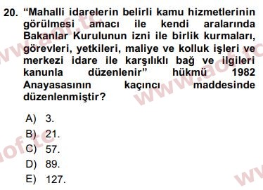 2017 Yerel Yönetimler Arasınav 20. Çıkmış Sınav Sorusu